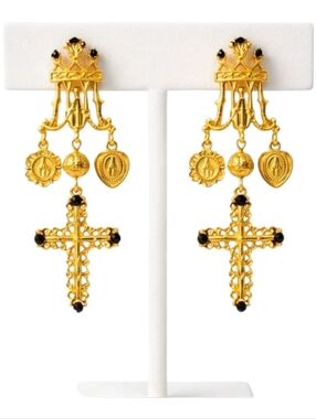 Vintage Style Gold Cross Gold Heart Drop Pierced Earrings